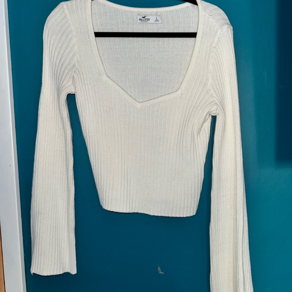 Women's White Ribbed Knit Top with Bell Sleeve